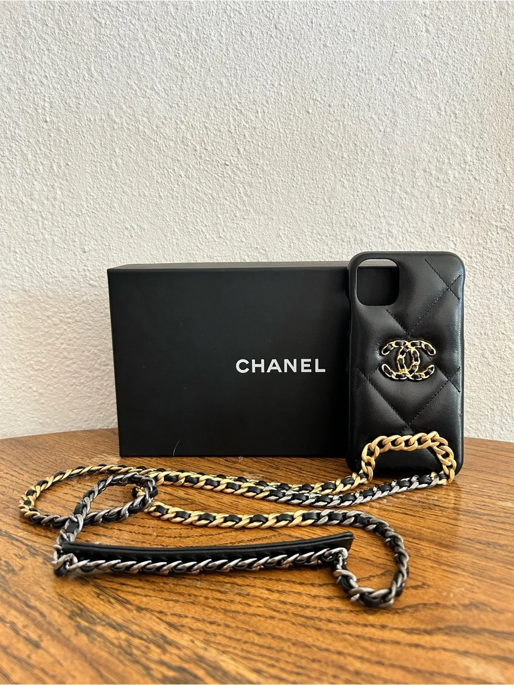 Chanel Black Quilted Leather iPhone X Pro Case with Gold Chain FULL INCLUSION